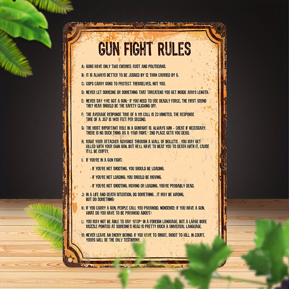 

Vintage Metal Gun Fight Rules Sign, 8"x12" Western Theme Wall Decor, Weatherproof And Pre-drilled Holes, Funny Retro Tin Poster For Indoor/outdoor, No Electricity Needed, Featherless, Seasonal Decor