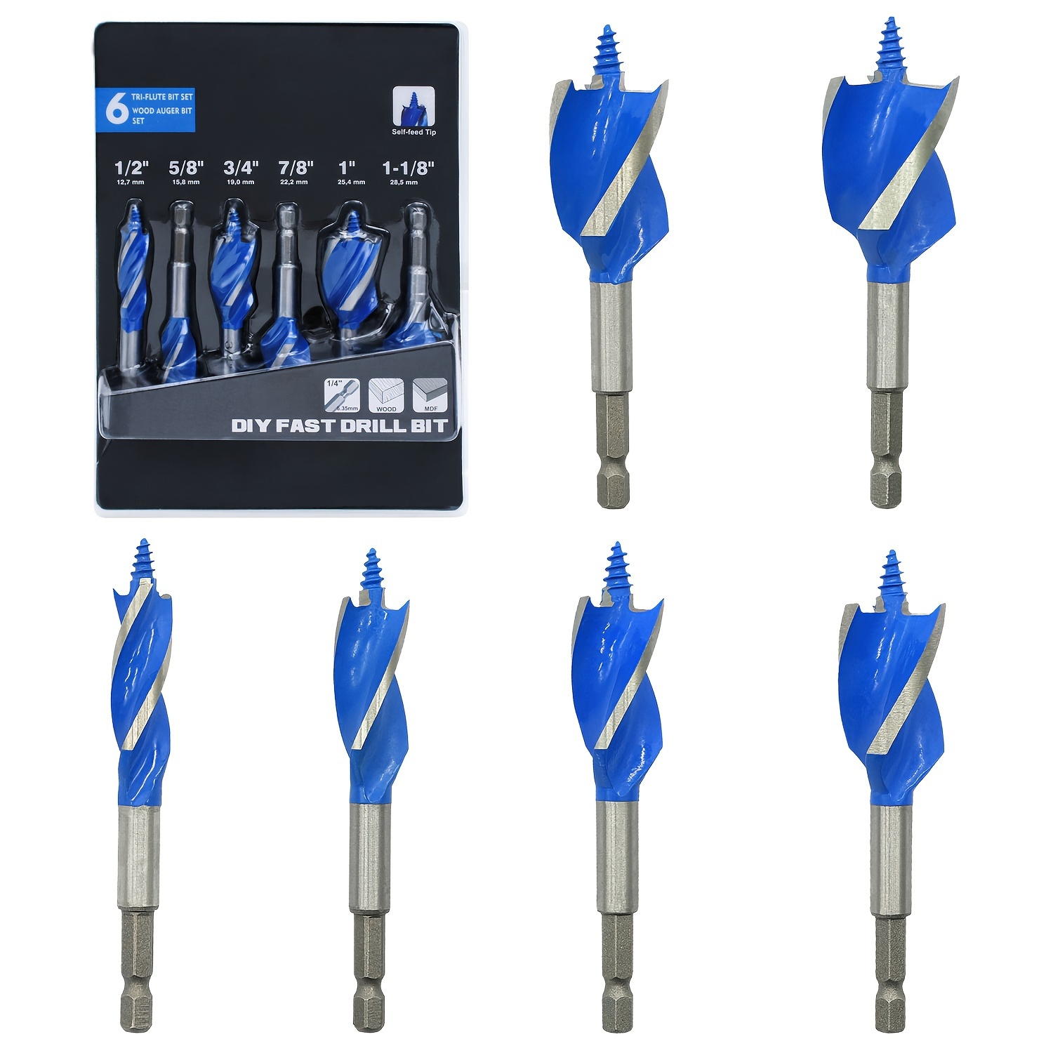 

New 6pcs Woodworking Drill Set,four Slots And 4 Blades, Hexagonal Handle, For Door Lock, Drawer, Hole Drilling, Hole Drilling, Hole Drilling Tool