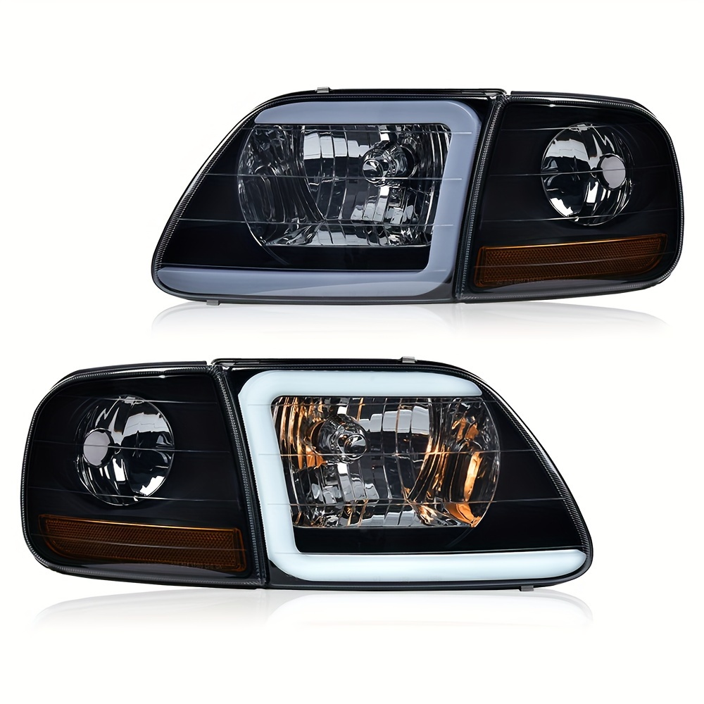 TEMU Lightning Style Headlights Led Drl Strip For Ford For Expedition1997-2002 Smoke Lens Black Housing Amber Reflector