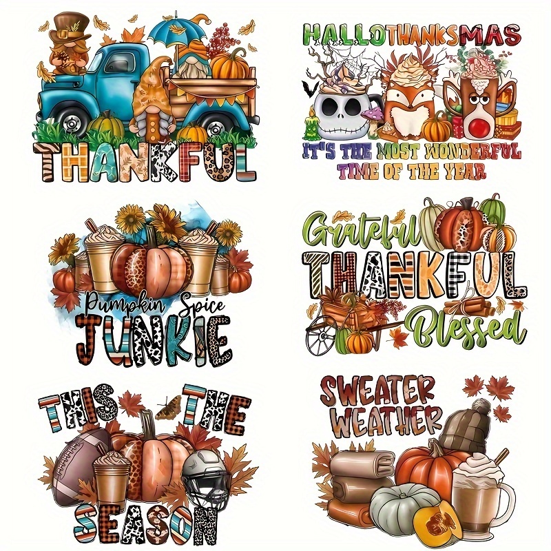 

6pcs Thanksgiving Heat Transfer Stickers, Plastic Iron-on Patches With Festive Phrases & Fall Imagery, Water-resistant & Washable Decals For Custom Garments