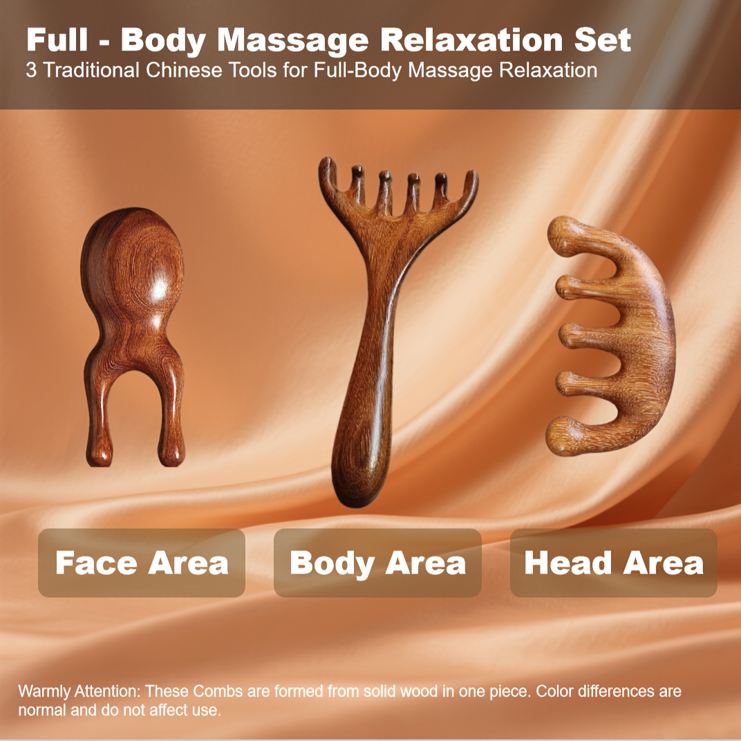 Image of 3pcs Wooden Massage Comb Set - Head Meridian Comb For Scalp Massage, Portable Tool, Ideal Gift For Women