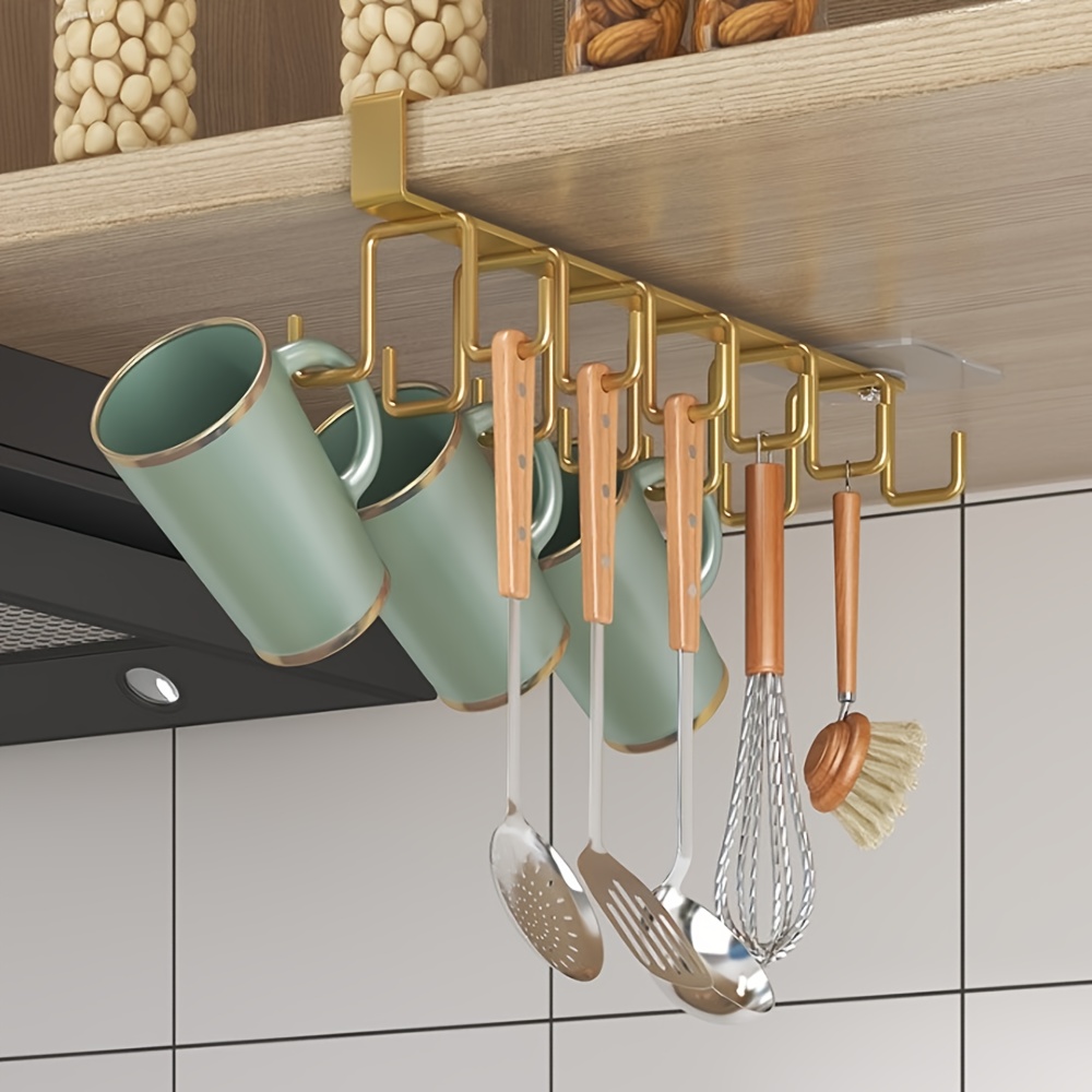 

Double Row Mug Hooks Under Cabinet – No Drilling Required, Golden-tone Kitchen Storage Organizer For Coffee Cups, Utensils, Ties, And Keys, Contemporary Style, Wrought Iron, Utility Hooks