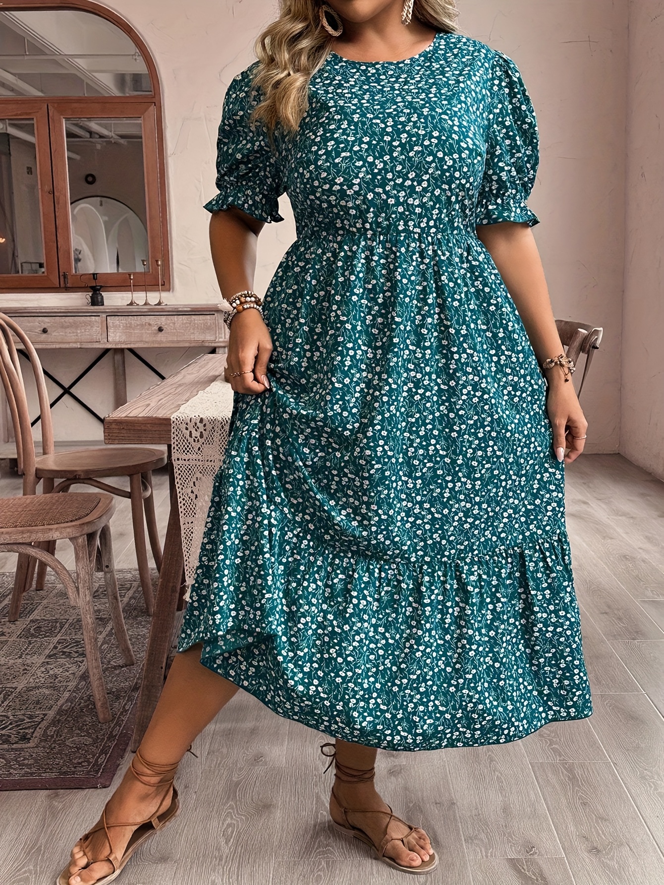 blue dress for baby girl Plus Size Boho Floral Empire Waist Paisley Print Maxi Dress – Anna-Kaci main image 0