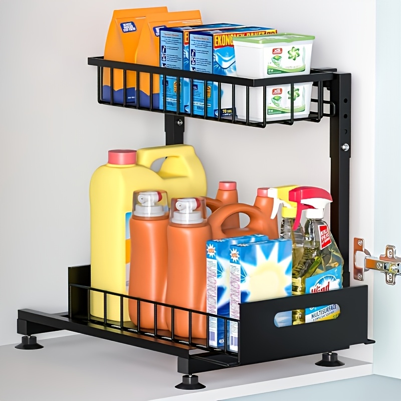 Image of Black Sink Storage Organizer: Premium Golden Metal Double Layer Pull-out Golden Metal Basket Organizer | L-shaped, Height Adjustable, , Kitchen And Bathroom Cabinet Storage Organizer Bundle