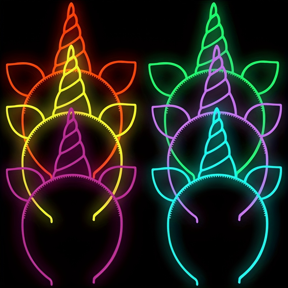 TEMU 6 Cartoon Glowing Unicorn Headbands For Party Costumes, Featuring Cat Ears And Made Of Plastic, Perfect For Festive Decorations