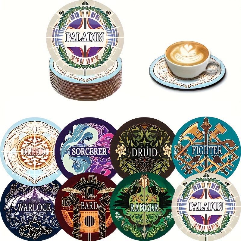 Image of 8 Pieces, Including , Knight, Sorcerer, Poet, , , Warrior, Wizard, Durable And Heat-resistant Drink Coasters, Wooden Cup Pads Suitable For Teacups And Coffee Cups, Ideal For Home And Cafes