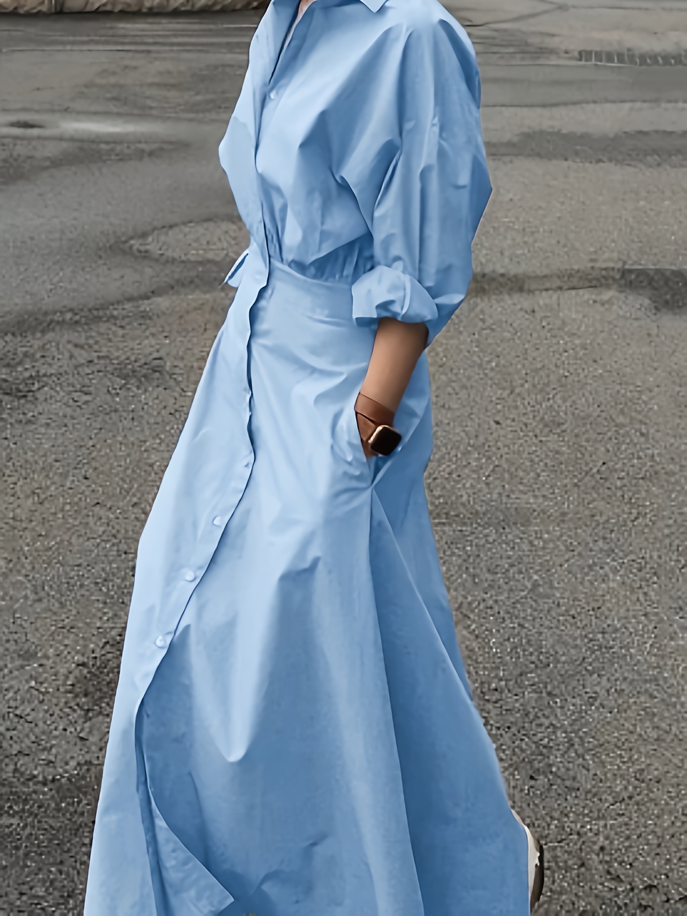   womens a line dress solid color turn collar casual long sleeve elegant shirt bubble ruffle button   length dress yt blue 0