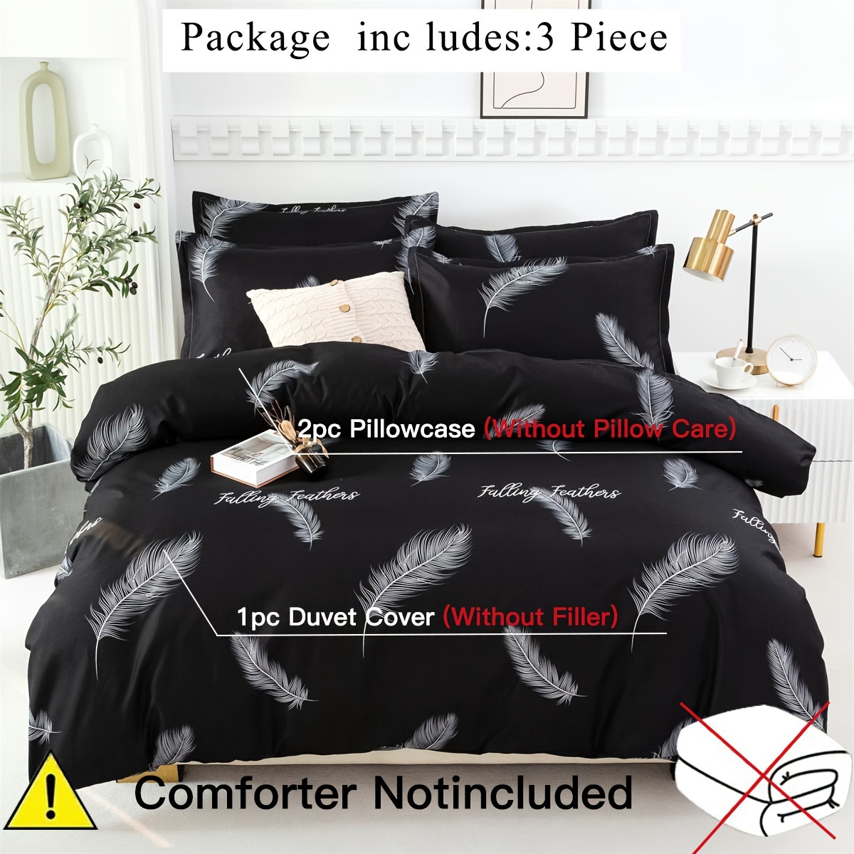 White Feather Duvet Cover 3pcs Set: 1 Duvet Cover, 2 Pillowcases, No Insert