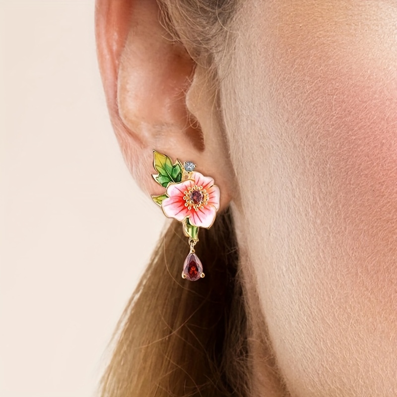 Flower Inlay Ruby Pendant Earrings for Women's Party