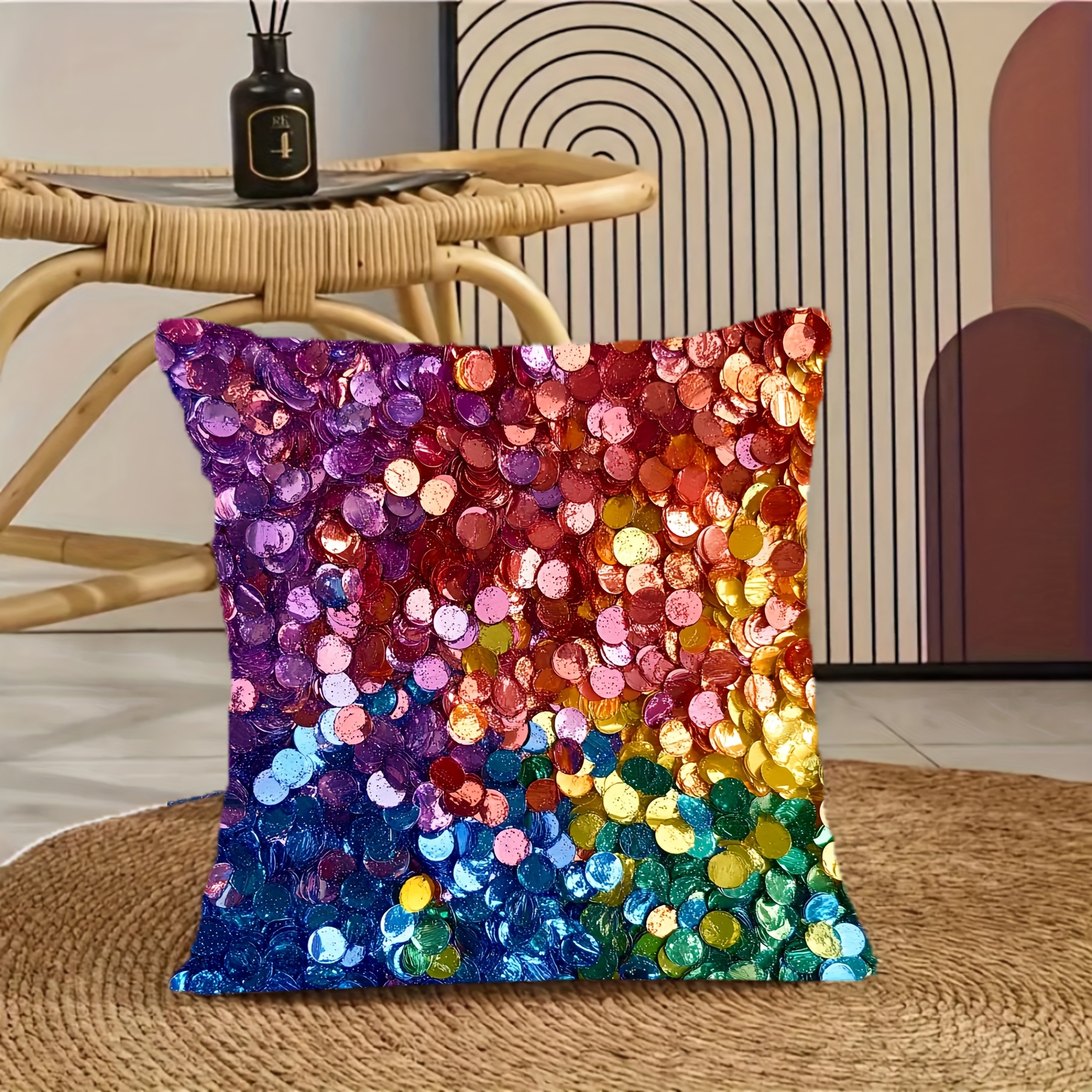 

Sparkling Rainbow Sequin Throw Pillow Cover 18x18 Inch - Soft Polyester, Zip Closure, Machine Washable For Living Room & Bedroom Decor