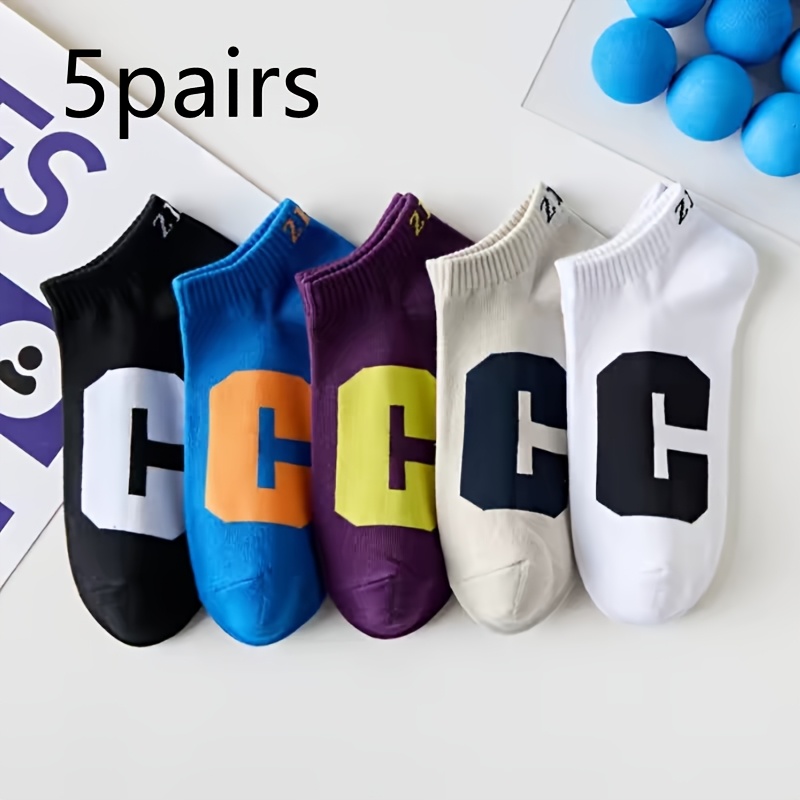 TEMU 5 Pairs Large C Letter Short Socks Men's Summer Thin Breathable Boat Socks Trendy Versatile Sports Shallow Mouth Short Socks