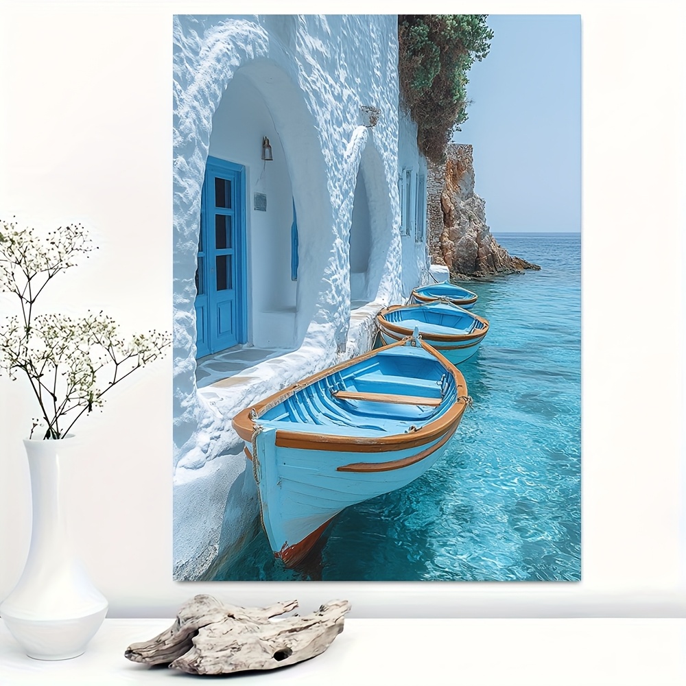 TEMU 2d Flat, 2d Flat, 1pc Framed Canvas Art Featuring Greek Fishing Boats, Measuring 30.48x40.64 Cm. And White Wall Decoration From , Greece, With A