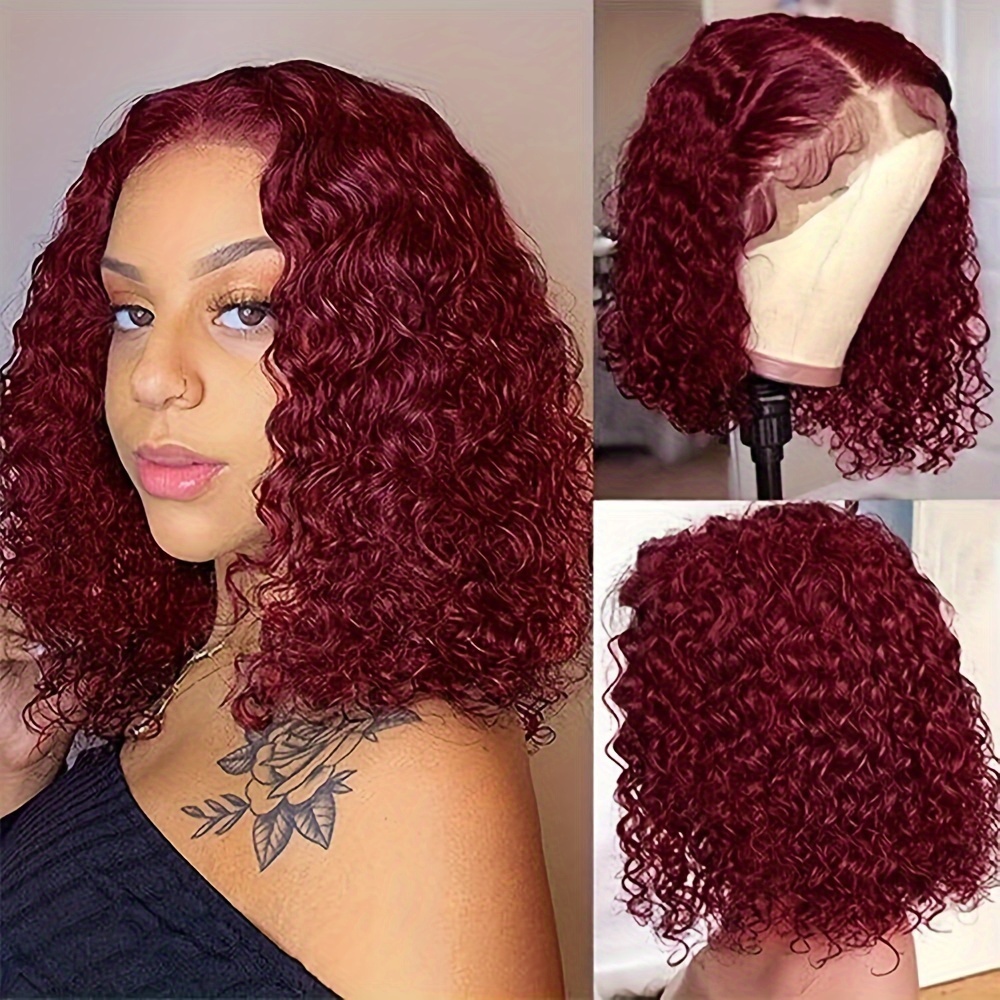 Red Ombre Short Bob Straight Synthetic None Lace Hair Wigs Dark Roots Left  Part for Women Black & Burgundy(#1B/99J)