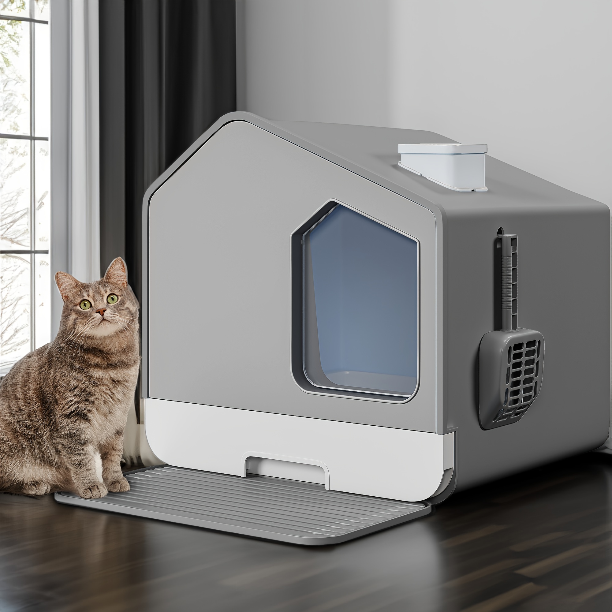 TEMU Cat Litter Box With Lid, Hut Design, Enclosed Large Cat Litter Tray With Hood, Toilet With Drawer Pan Litter Litter Mat Deodorizer Filter, High Sided Cat Litter House, Grey