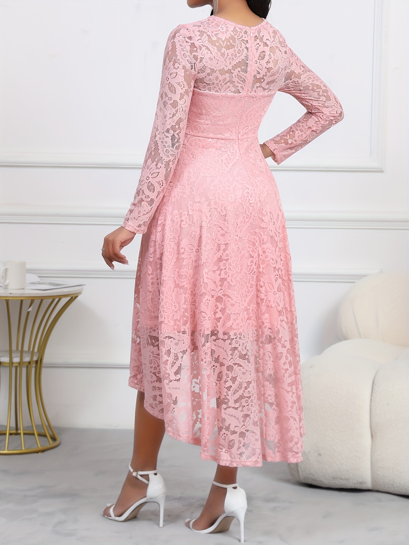 Spring/Autumn Women's Lace Dress, Elegant Asymmetrical Hem Lace Cutout,  Cocktail Party Wedding Valentine's Day Round Neck Pink Midi Dress *148