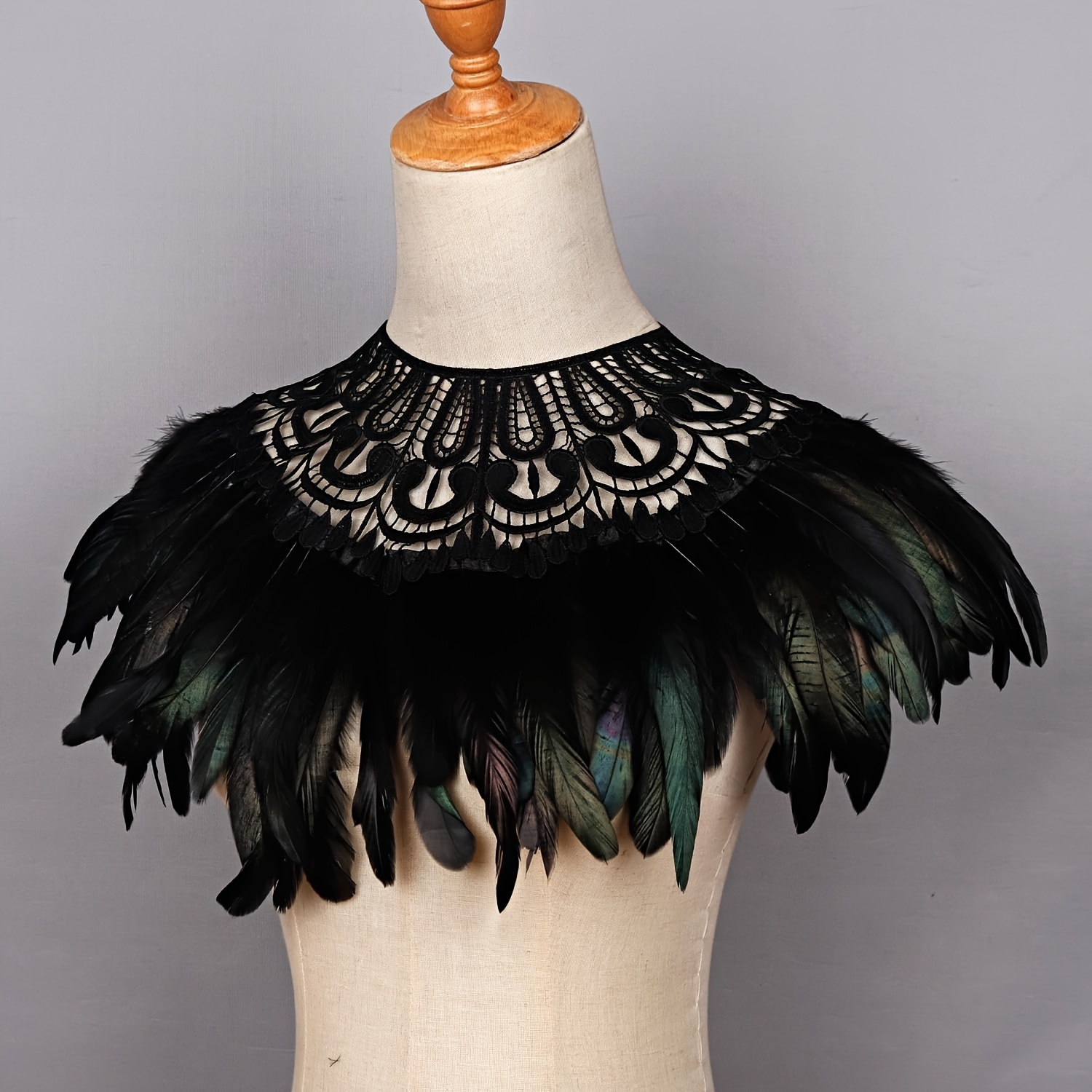 Image of Black Halloween Shawl Costume, Gothic Lace Collar Shrug Faux Feather Cape Masquerade Cosplay Party Carnival Witch Costume
