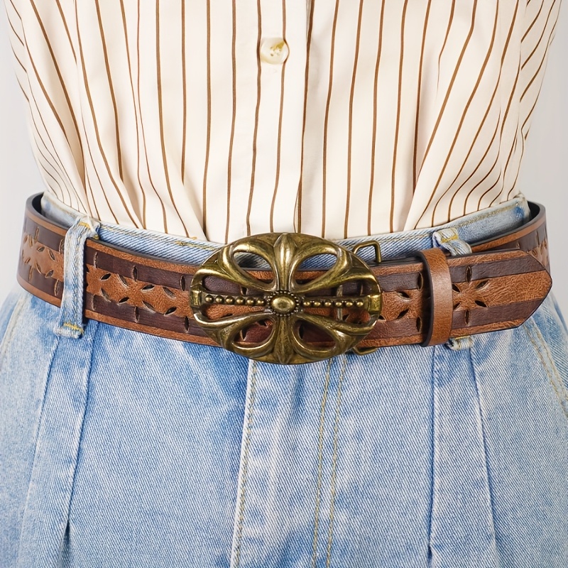 Vintage Floral Embossed Women's Belt, Brown