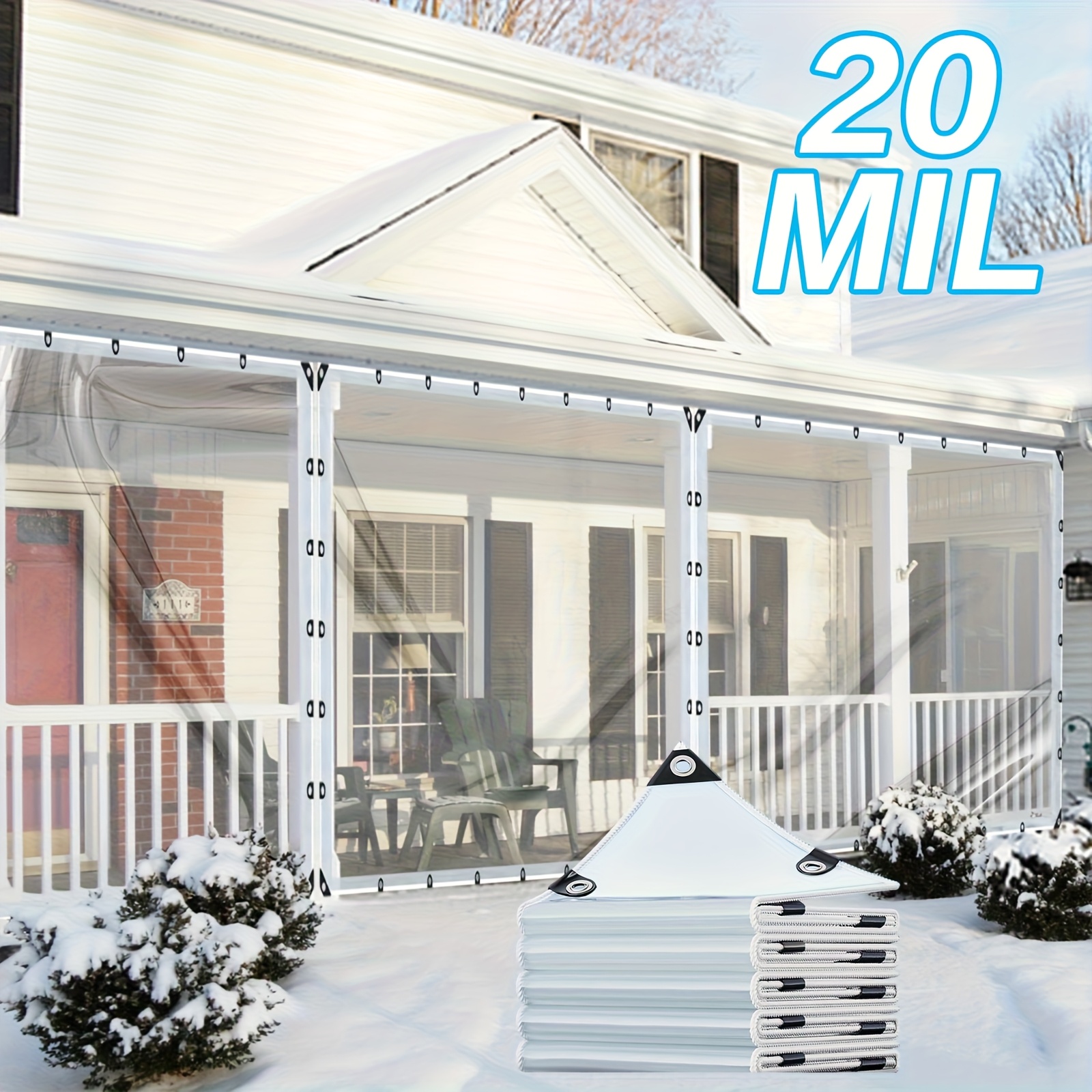 TEMU Bâche en PVC Vinyle Transparent Imperméable Robuste 20MIL avec Œillets - Couverture Extérieure Transparente Toutes Saisons pour Patio, Porche,