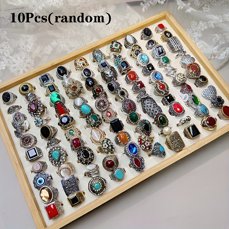 TEMU 10 Sets Of Retro Colorful Golden-inlaid Men's And Women's Rings - Elegant Bohemian-style Couple Rings, Casual And Fashionable Jewelry Gifts For