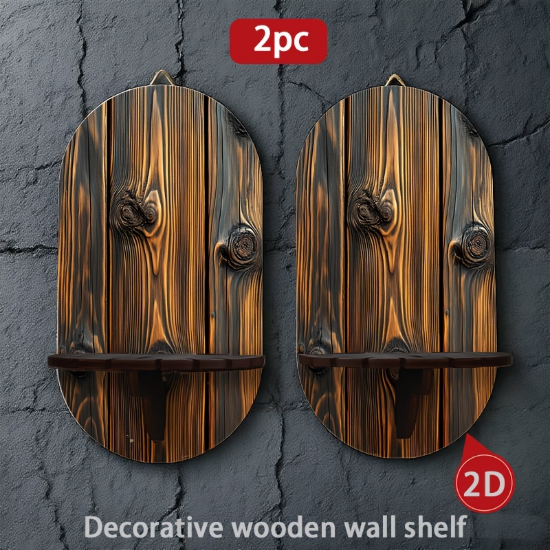TEMU 2pcs Wooden Wall-mounted Candlestick Shelves Multifunctional Wall Storage Display Rack Printed With Dark Wood Grain Vertical Texture Background