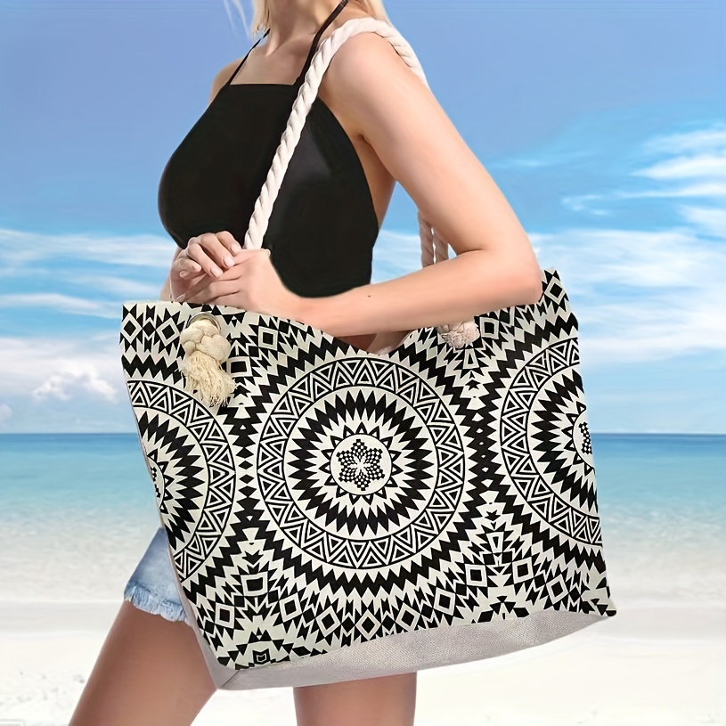 

Stylish Geometric Pattern Travel Beach Bag, Large Capacity Canvas Zipper Handbag, Tote Bag For Outdoor Shopping Camping, Foldable Shoulder Bag - Perfect For Beach, Travel, And Everyday Use