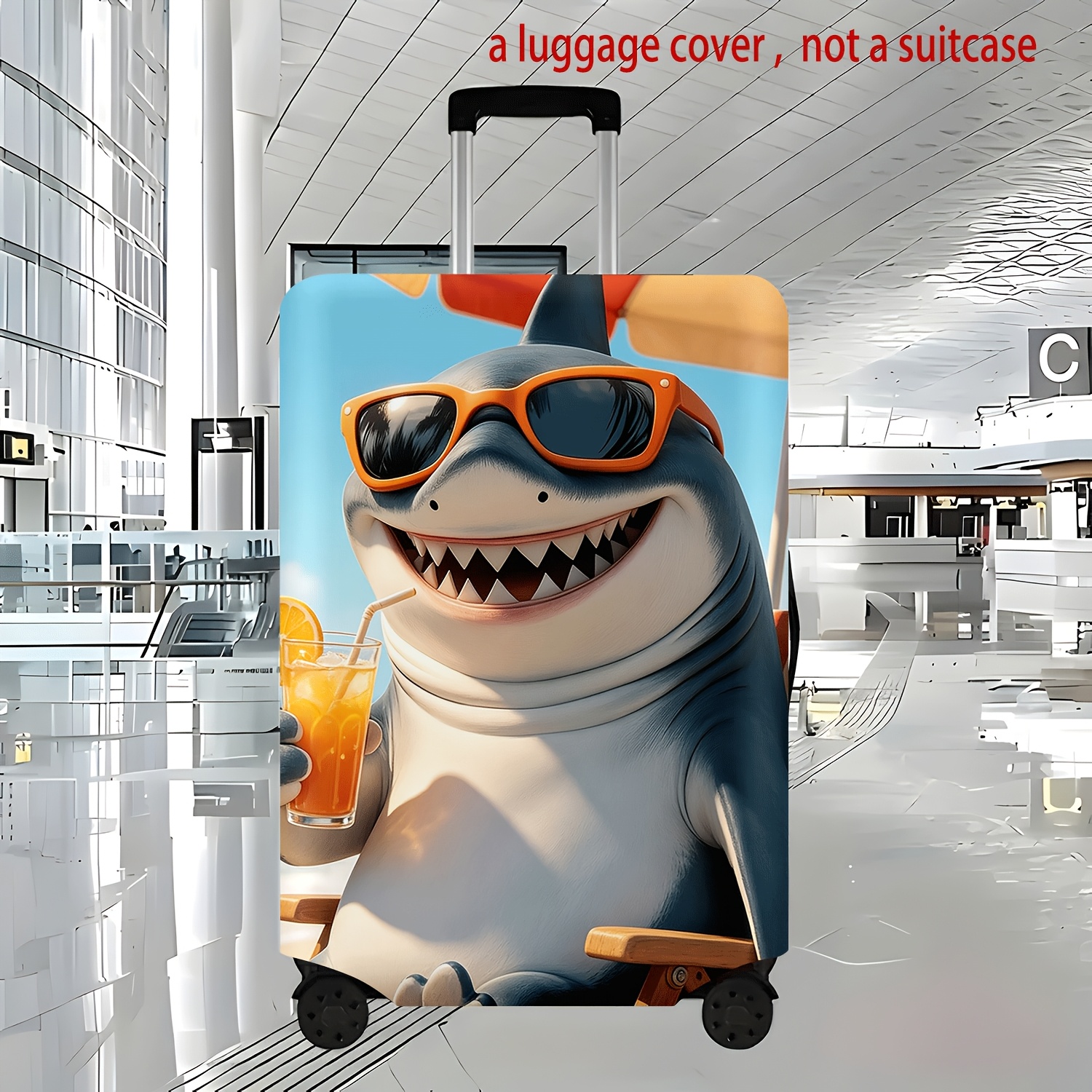TEMU 1pc Shark Beach Vacation Drinking Theme Printed Luggage Protector - Durable, Lightweight Polyester, Vibrant And Wear-resistant Design, Portable