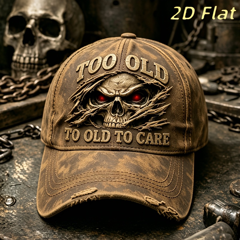 TEMU Amerikaanse Retro Bruine Zware Gewassen Distressed Baseballpet, Ripped Red- Skull met "TOO OLD TO CARE" Statement, Hardcore Werkkleding Biker