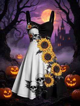 gothic sunflower skull a line mini dress two tone colorblock ruched belt dress with sweetheart neckline machine washable summer wedding guest dress for retro