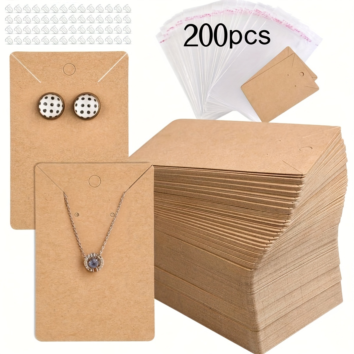 TEMU 200-piece Earring Display Cards Set, Includes 50 Kraft Paper Jewelry Holders, 50 Self-sealing Bags, And 100 Earring Backs For Earrings Necklace Showcase