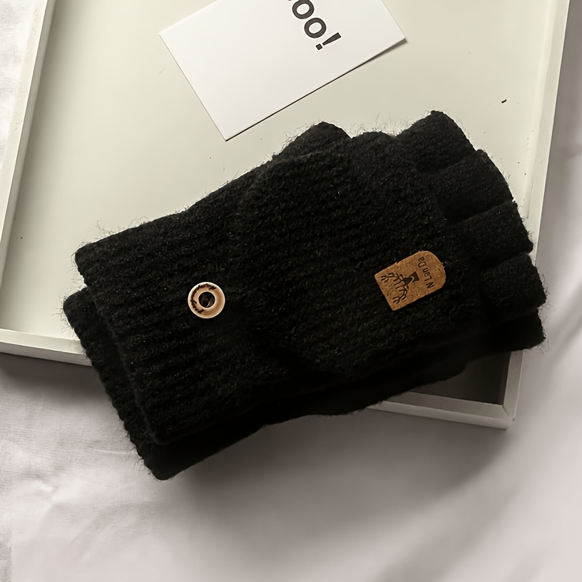 TEMU Men's Winter Jacquard Half-finger Flap Thickened Thermal Gloves