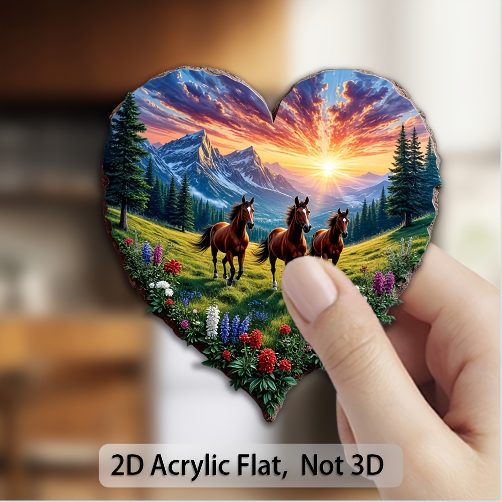 TEMU 1 Aimant de réfrigérateur en acrylique de cœur - Scène de cheval et de montagne avec pins, feuilles et cheval - Forte pour réfrigérateur,