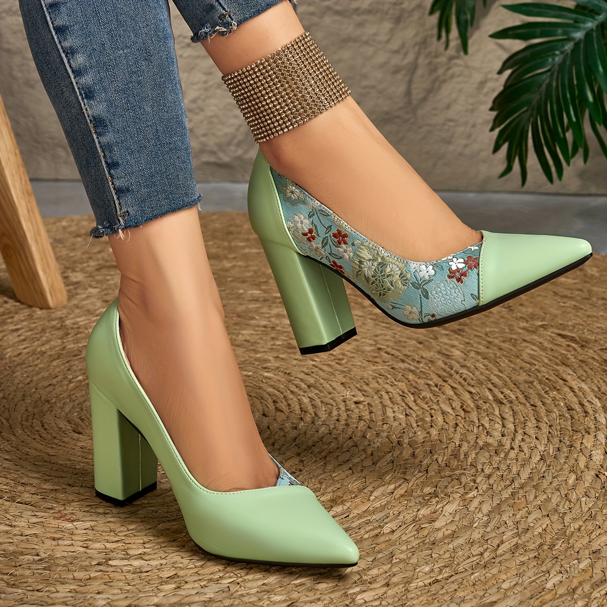 TEMU Luxury Sexy High Heels Satin Floral Pointed Chunky Heel Shallow Mouth High Heel Women's Shoes Versatile Work Heel Shoes Women, Women Shoes
