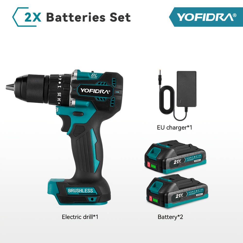 13mm Brushless Drill Set, Adjustable In 2 And 35+3 Levels, Multifunctional Screwdriver Impact Drill, Suitable For Installation , Compatible With Yofidra Batteries