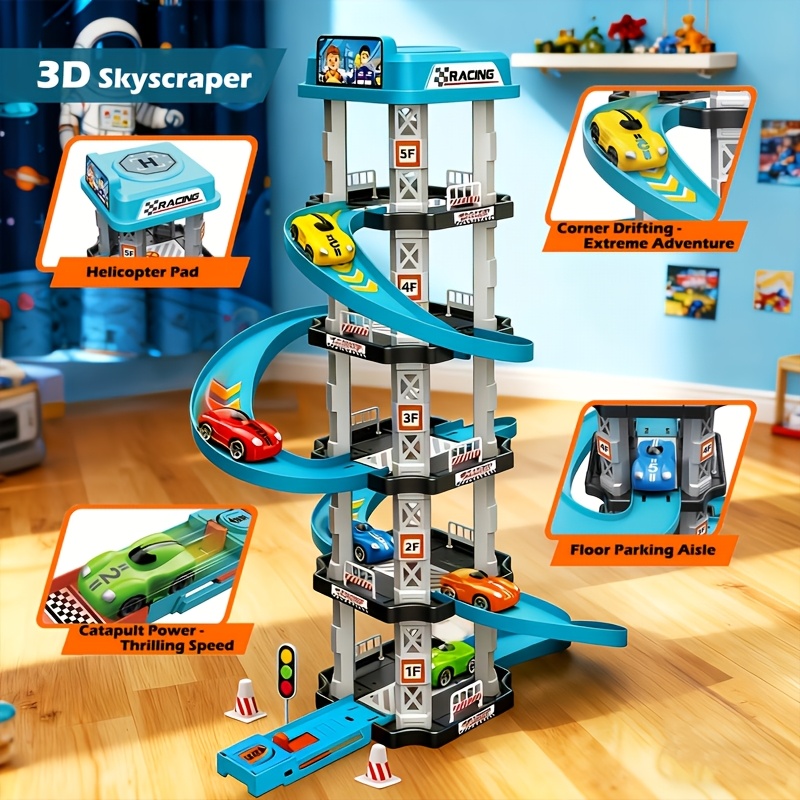 3d multi layer racing track set including 2 racing cars ejection launchers drift tracks helipads and gas stations assembled educational toys to   hand eye coordination and thinking   suitable for birthday and new year gifts details 3