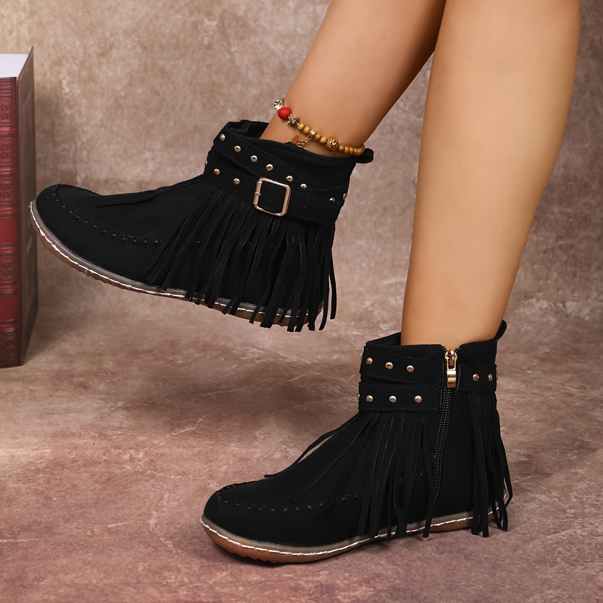 womens western ankle boots fringe detailing flat heel slip Temu