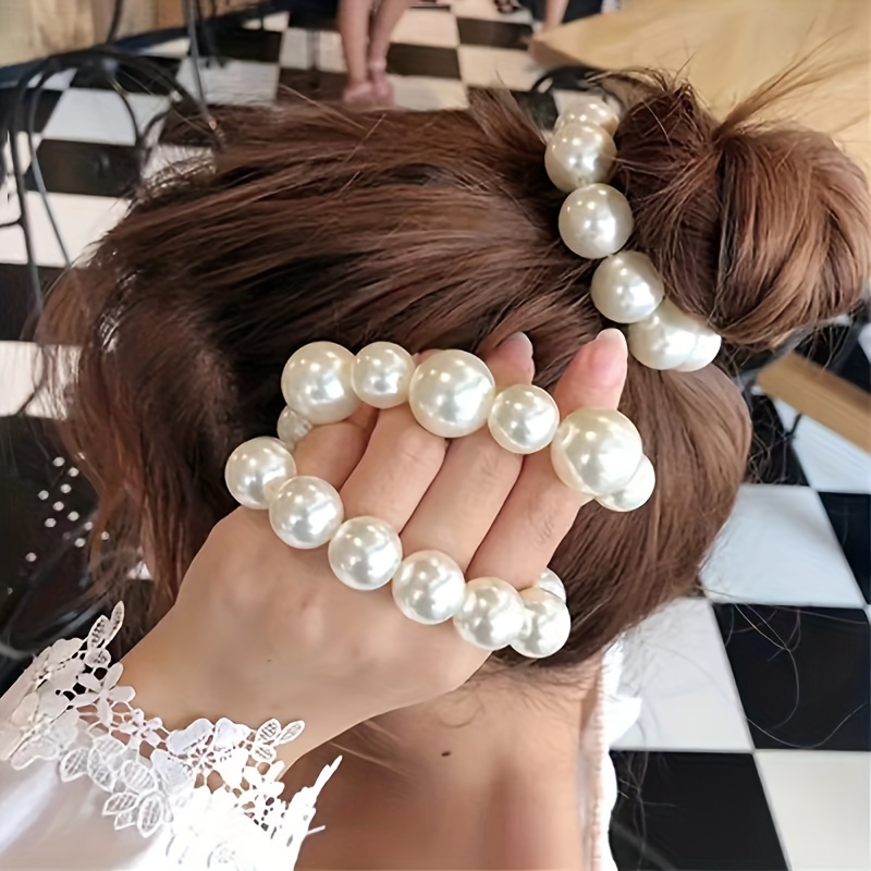 

3pcs Elegant Simulated Pearl Hair Ties, Fashionable Elastic Bracelet And Hair Accessory For Parties And Everyday Wear - Versatile Hairstyle Embellishments