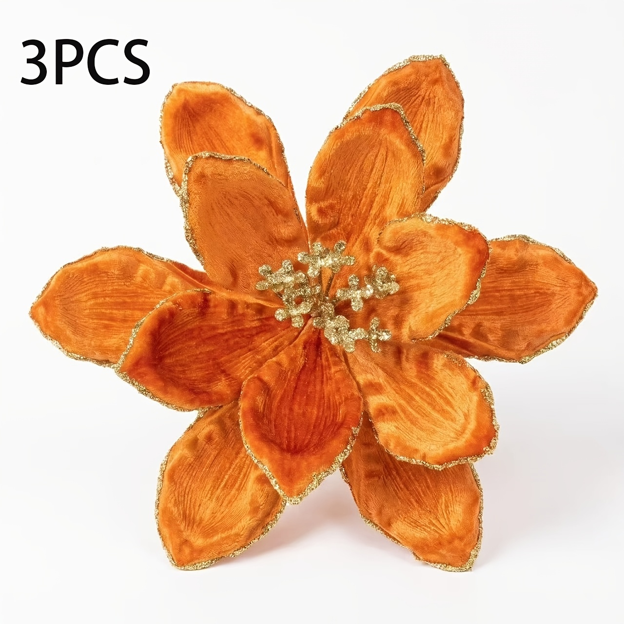 TEMU 3pcs Orange Magnolia Artificial Christmas Flowers Glitter Poinsettia Faux Flower Xmas Tree Decoration Wreath New Year Wedding Home Holiday Party