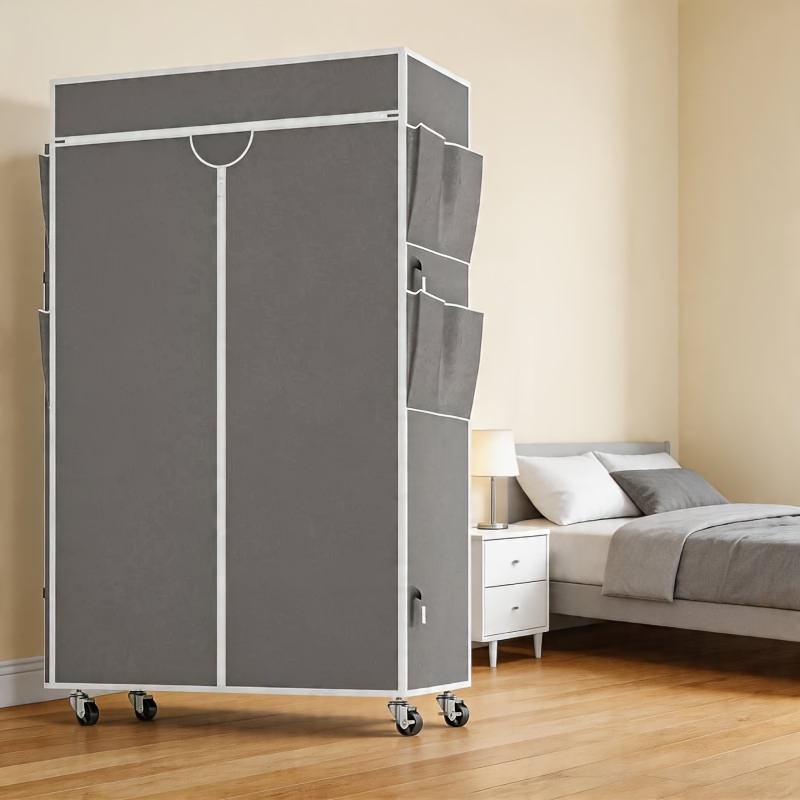 Heavy Duty Clothes Rack On Wheels, Double Clothes Rail With Cover & Height-adjustable Shelf, Open Wardrobe, Metal Coat Rack For Bedroom, 90 X 45 X 205cm