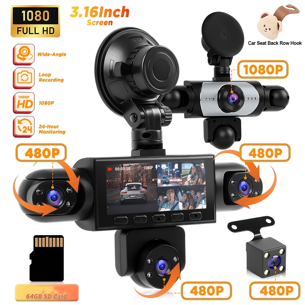 5-channel Dash Cam 360° View, Front And Rear Inside Camera For Cars, 12 Ir Lights Night Vision, Loop Recording, 24h Parking Mode, , Optional No Tf Card/32/64gb Tf Card