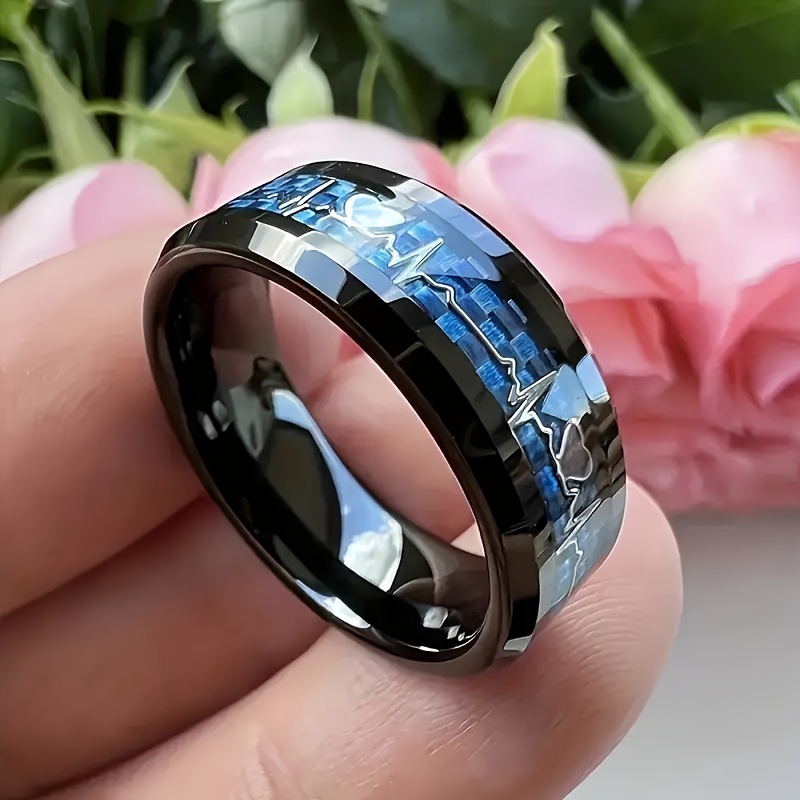 

1 Piece Of 8mm Multi-color Tungsten Steel Men's Ring, Fashionable Engagement And Wedding Ring, Heartbeat Pattern Carbon Fiber Inlaid Ring