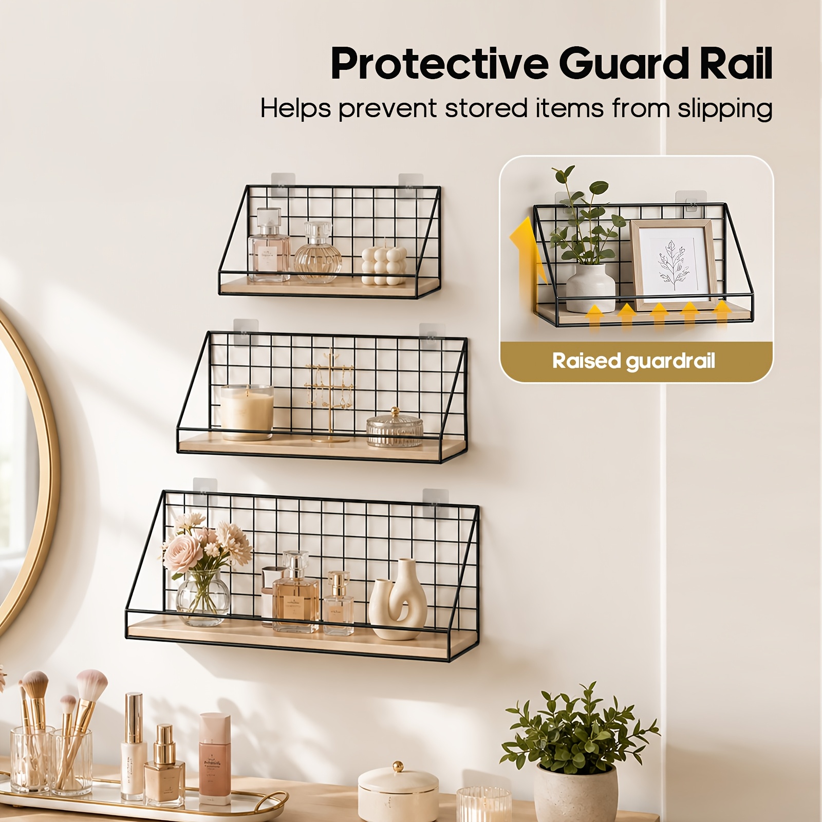 Image of Space- Wall Mounted Storage Rack, No Drill Installation With Sturdy Metal Wood Design, Floating Shelves With Safety Railing For Kitchen, Bathroom And Home