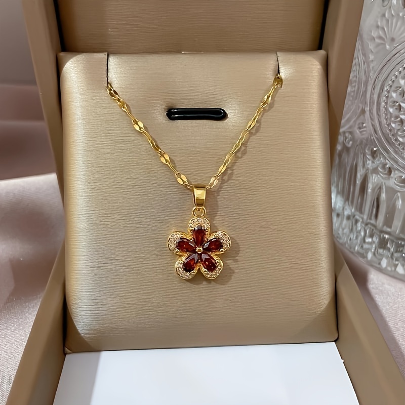 

Fashionable And Elegant Retro Style Burgundy Zircon Flower Pendant Necklace With Micro-encrusted Rhinestones, Versatile For Daily Use, Holiday Birthdays, Perfect Gift For Girls And Women