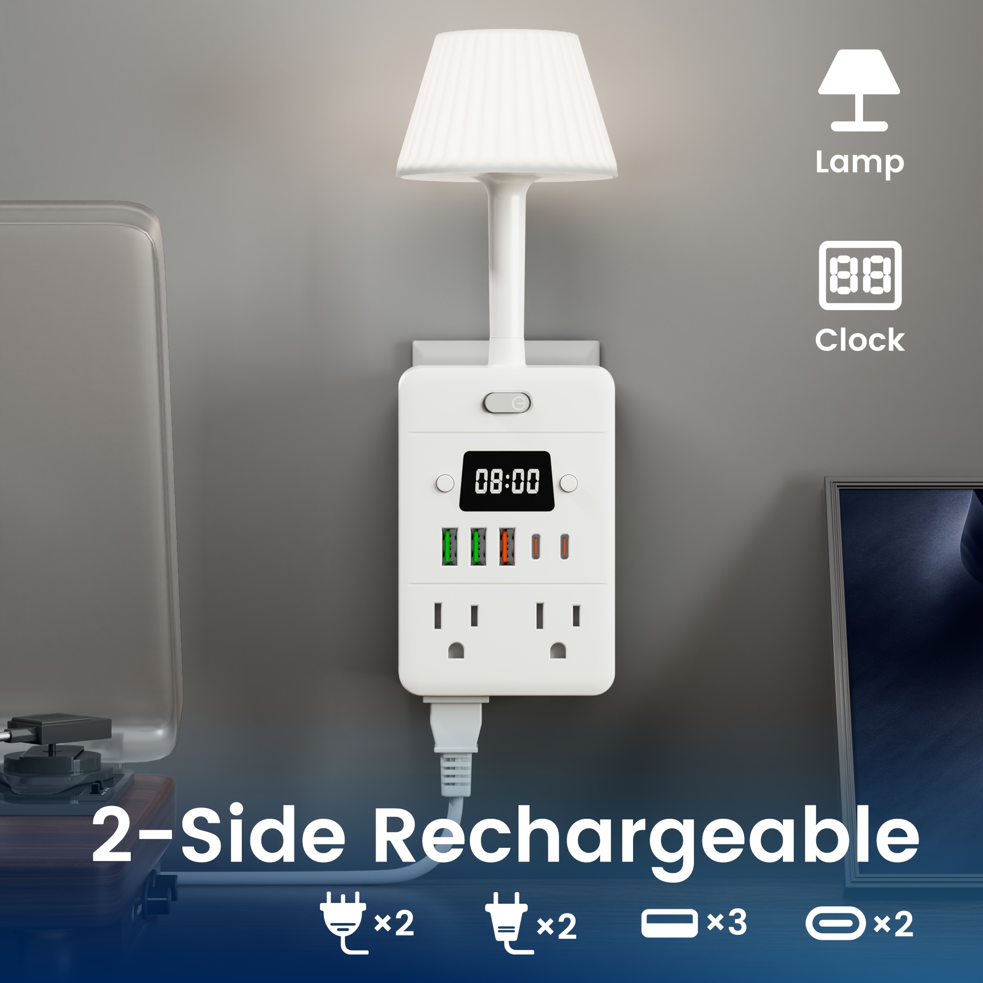 TEMU 1pc Multi-outlet Strip With Desk Lamp And Clock - 4 Ac Outlets With 3 Usb-a Ports And 2 Usb-c Ports - Power Outlet For Office, Study, Home, And