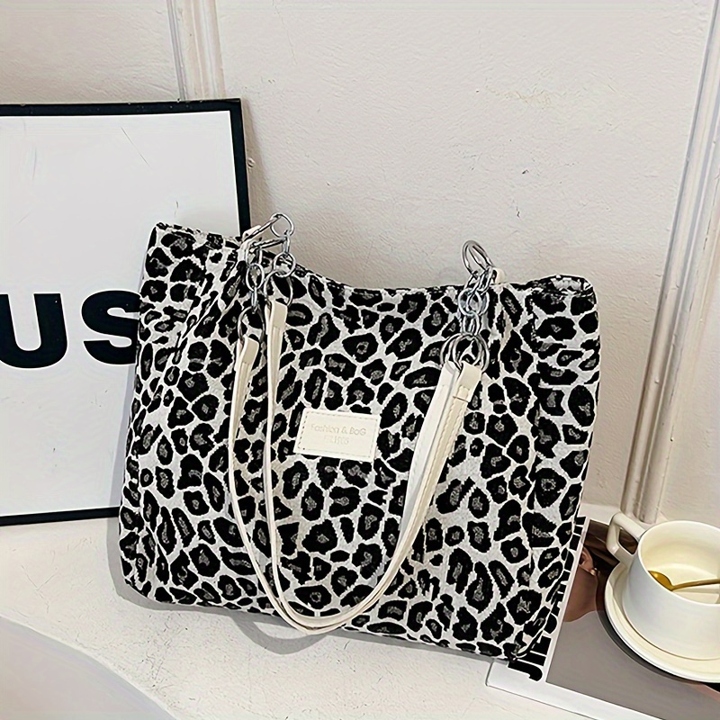 TEMU 1pc Heart Leaf Corduroy Shoulder Bag For Women, Leopard Print Sling Tote With Fixed Straps, Large Capacity Zippered Handbag With Polyester , Fashion Accessory For Daily And Travel
