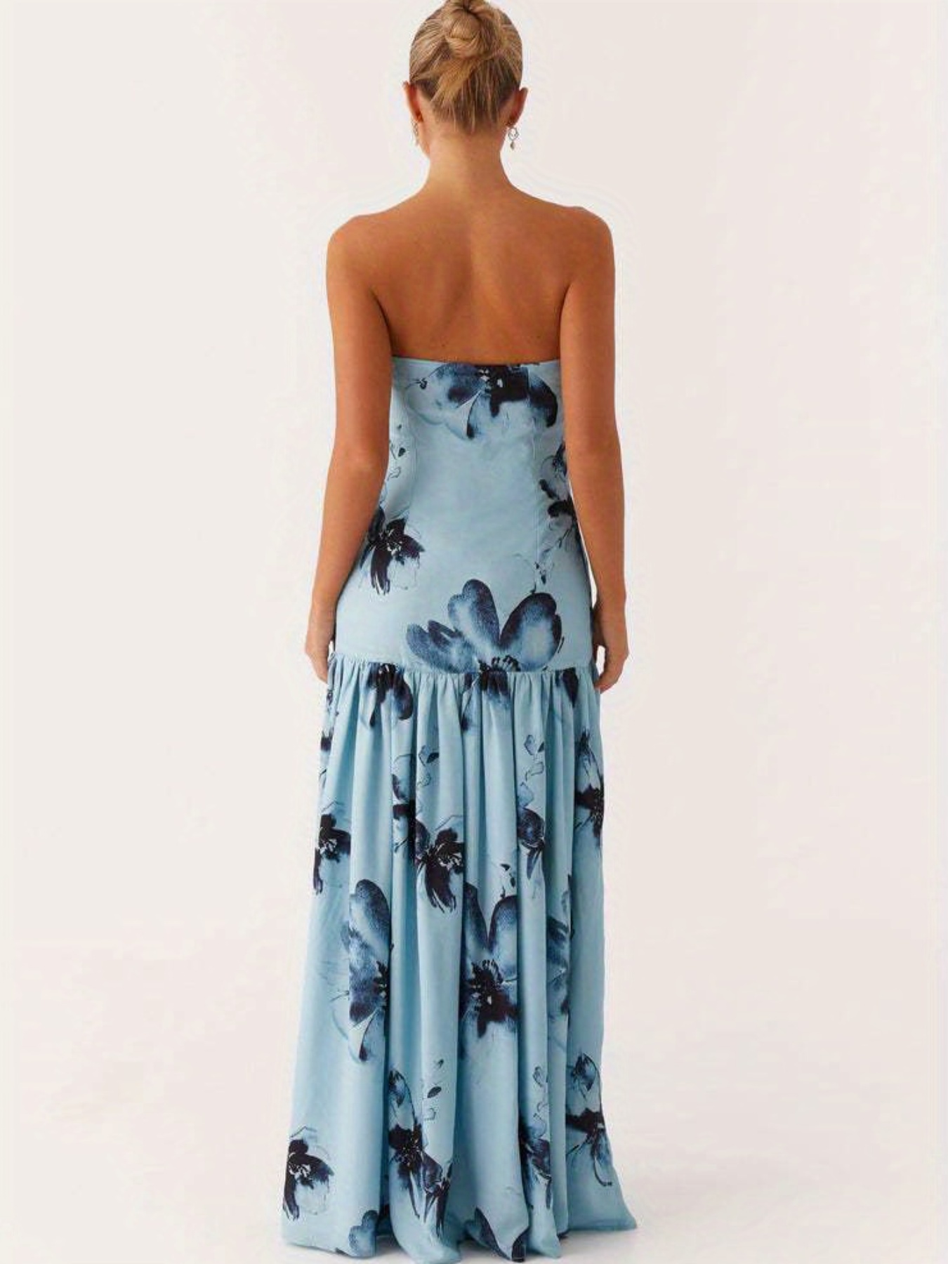 elegant light blue floral print strapless maxi dress women