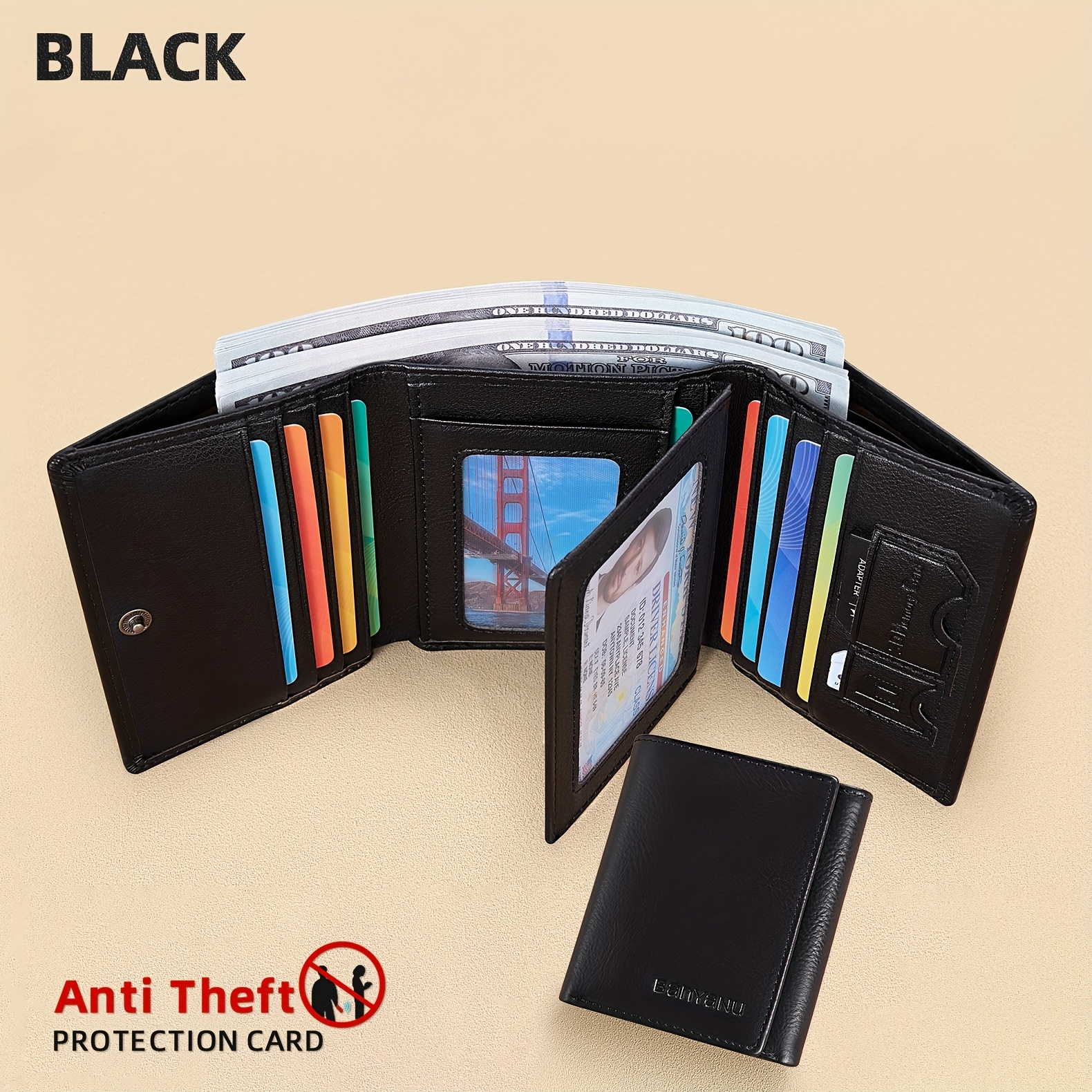 TEMU Men's Outer Layer Cowhide Three-fold Leather Wallet - Anti-rfid Card Bag, Id Holder, With 13 Card Slots, , Premium Holiday Gift