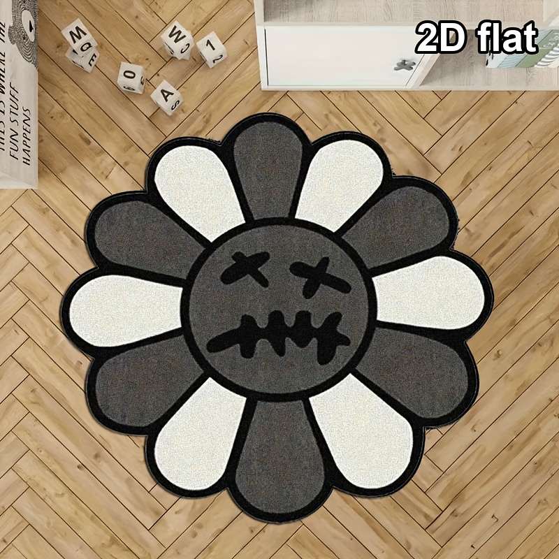 TEMU [velvet] 1pc, Black And White Contrast Cross Graffiti Petal Round Living Room Carpet, Anti-slip Non-moving, Noise-reducing Thick Durable