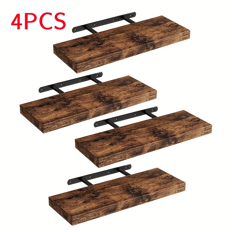 Rustic Brown Wood Wall Mounted Shelf Set 2/3/4pcs - Farmhouse Floating Shelves, Invisible Bracket Storage Shelves For Living Room & Bedroom, Space- Wall Decor, Hanging Shelf, Floating Shelves