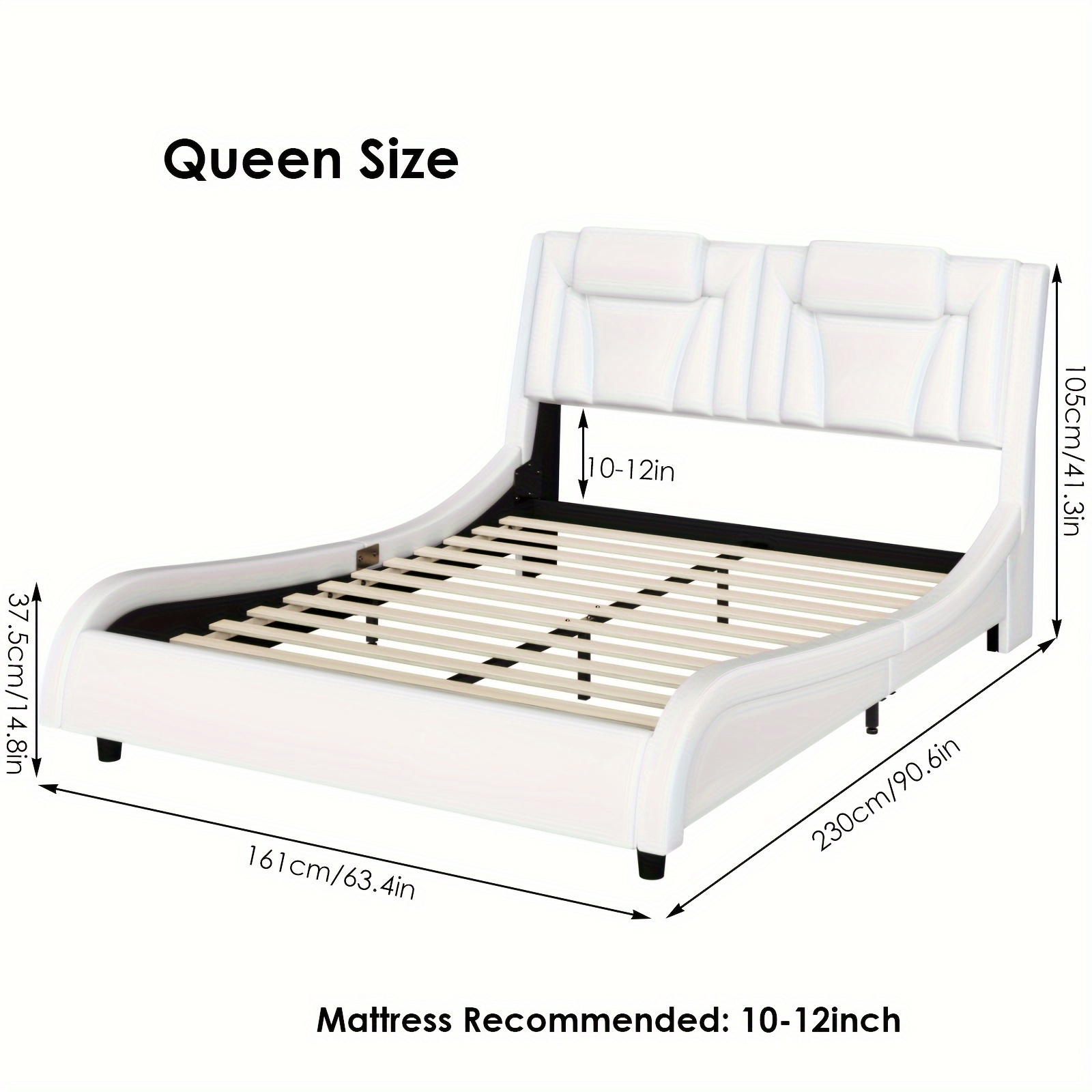 Upholstered Bed Frame Available in Full, Queen, And King Sizes Featuring an Adjustable Headboard, a Wavy Design, a Removable Backrest, And Solid Wooden Slats for Support, Eliminating The Need for a Box Spring, Offered in Faux Leather in White