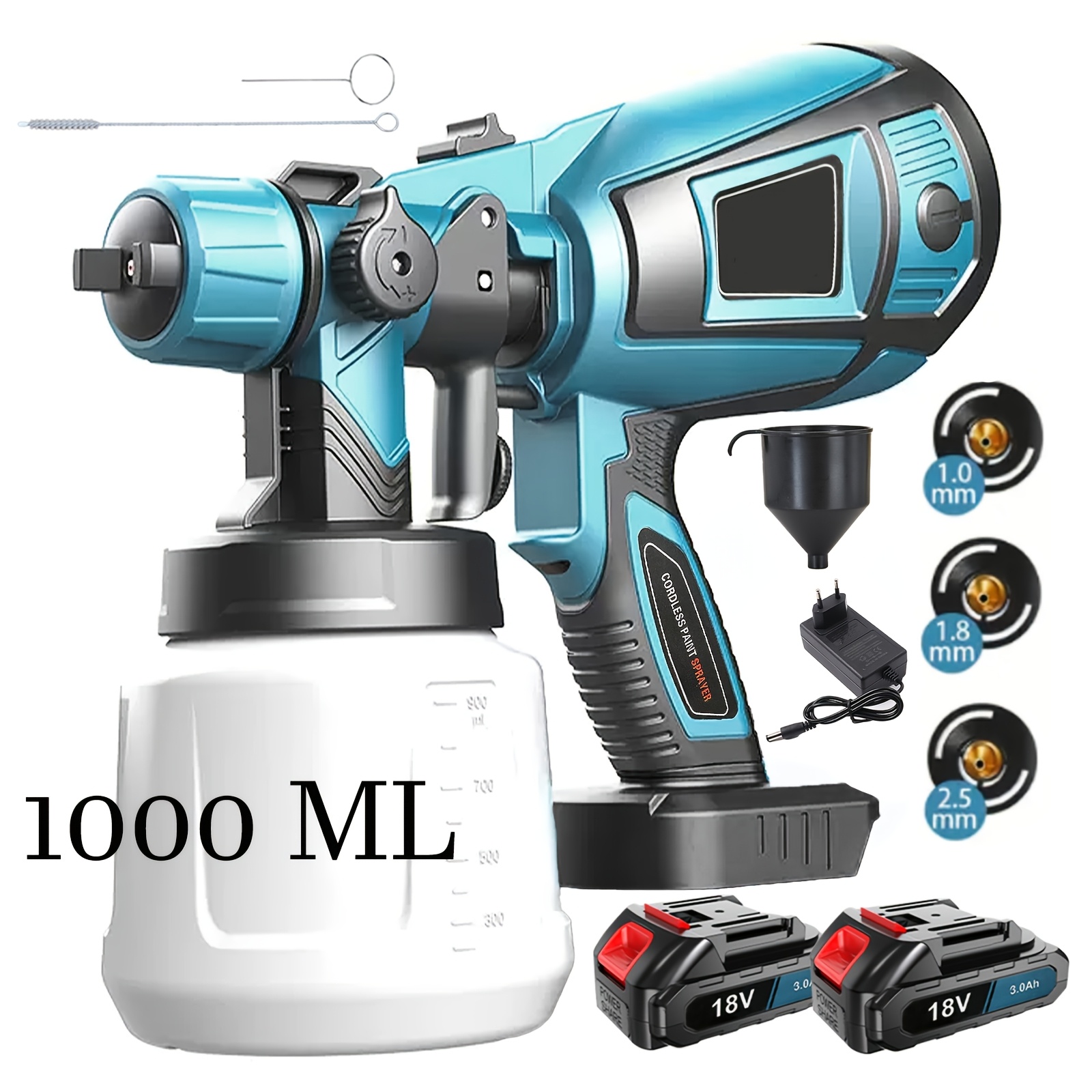 Image of Cordless Paint Sprayer, Fence Paint Sprayer For Makita 18v Battery, Handheld Paint Gun With 2x 3000mah Batteries & Charger & 1000ml Container For Home , Garden Sheds Furniture, 200w, Blue